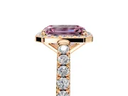 Halo Engagement Ring Setting for Fancy Pink Emerald Cut Center with Full Pave Band and Prong Head in Rose Gold