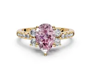 Paired Accent Engagement Ring Setting for Fancy Pink Pear-Shaped Center with Pave Band and Prong Head in Yellow Gold