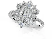 Floral Halo Engagement Ring Setting for Emerald Cut Center with Pave Accents and Prong Head in Sterling Silver