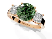 3 Stone Engagement Ring Setting for Fancy Green Round Cut Center with Matching Side Accents and Prong Head in Rose Gold