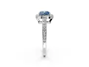 Bezel-Framed Halo Engagement Ring Setting for Fancy Blue Cushion Cut Center with Pave Band and Prong Head in Platinum