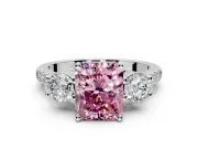 3 Stone Engagement Ring Setting for Fancy Pink Radiant Cut Center with Crossover Basket, Pave Band and Prong Head in Platinum