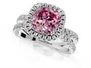 Halo Engagement Ring Setting for Fancy Pink Cushion Cut Center with Double Pave Split Shank and Prong Head in Sterling Silver
