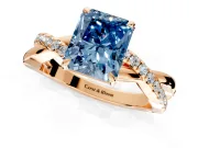 Crossover Engagement Ring Setting for Fancy Blue Radiant Cut Center with Pave and Plain Strands and Prong Head in Rose Gold