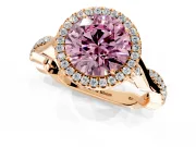 Halo Engagement Ring Setting for Fancy Pink Round Cut Center with Twist Band and Prong Head in Rose Gold