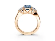 3 Stone Engagement Ring Setting for Fancy Blue Asscher Cut Center with Raised Basket Heads and Prong Head in Rose Gold