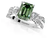3 Stone Engagement Ring Setting for Fancy Green Emerald Cut Center with Pave Twist Band and Prong Head in Platinum