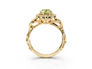 Halo Engagement Ring Setting for Fancy Yellow Oval Center with Open Scroll Shoulders and Prong Head in Yellow Gold