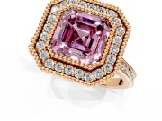 Halo Engagement Ring Setting for Fancy Pink Asscher Cut Center with Milgrain Frame, Pave Band and Prong Head in Rose Gold