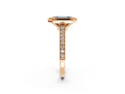 Halo Engagement Ring Setting for Fancy Blue Emerald Cut Center with Milgrain Pave Band and Bezel Head in Rose Gold