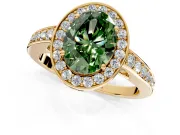 Bezel-Framed Halo Engagement Ring Setting for Fancy Green Oval Center with Pave Band and Prong Head in Yellow Gold