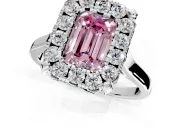 Single Halo Engagement Ring Setting for Fancy Pink Emerald Cut Center with Corner Claws, Plain Band and Prong Head in White Gold