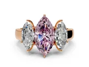 3 Stone Engagement Ring Setting for Fancy Pink Marquise Center with Raised Basket Heads and Prong Head in Rose Gold