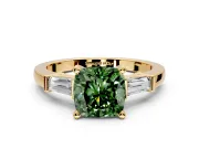 3 Stone Engagement Ring Setting for Fancy Green Cushion Cut Center with Channel Baguette Accents and Prong Head in Yellow Gold