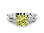 3 Stone Engagement Ring Setting for Fancy Yellow Cushion Cut Center with Pave Split Shank and Prong Head in White Gold