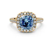 Halo Engagement Ring Setting for Fancy Blue Cushion Cut Center with Raised Halo, Pave Band and Prong Head in Yellow Gold