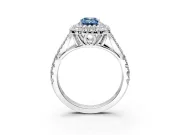 Double Halo Engagement Ring Setting for Fancy Blue Emerald Cut Center with Narrow Pave Split Shank and Prong Head in Platinum