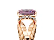 Halo Engagement Ring Setting for Fancy Pink Emerald Cut Center with Rope Twist Split Shank and Prong Head in Rose Gold
