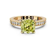 Solitaire Engagement Ring Setting for Fancy Yellow Cushion Cut Center with Milgrain-Edged Pave Band and Prong Head in Yellow Gold