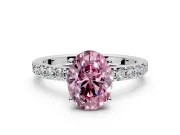 Solitaire Engagement Ring Setting for Fancy Pink Oval Center with Round Cut Pave Band and Prong Head in Sterling Silver