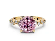 Solitaire Engagement Ring Setting for Fancy Pink Round Cut Center with Trailing Leaf Accent Band and Prong Head in Yellow Gold