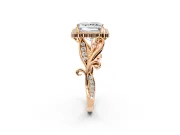 Halo Engagement Ring Setting for Princess Cut Center with Leaf Motif Split Shank and Prong Head in Rose Gold