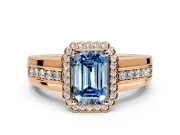 Halo Engagement Ring Setting for Fancy Blue Emerald Cut Center with Wide Band, Inlaid Accent Row and Prong Head in Rose Gold