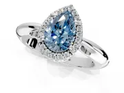 Halo Engagement Ring Setting for Fancy Blue Pear-Shaped Center with Tapered Plain Band and Prong Head in Sterling Silver