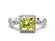 Vintage Station Engagement Ring Setting for Fancy Yellow Princess Cut Center with Accents and Prong Head in White Gold
