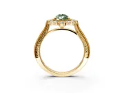 Milgrain Halo Engagement Ring Setting for Fancy Green Pear-Shaped Center with Bezel Point Accents and Prong Head in Yellow Gold