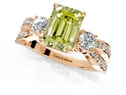 3 Stone Engagement Ring Setting for Fancy Yellow Emerald Cut Center with Pave Twist Band and Prong Head in Rose Gold