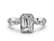 Vintage Station Engagement Ring Setting for Emerald Cut Center with Accents and Prong Head in Platinum