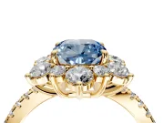 Floral Halo Engagement Ring Setting for Fancy Blue Cushion Cut Center with Pave Accents and Prong Head in Yellow Gold