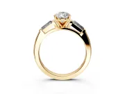 3 Stone Engagement Ring Setting for Pear-Shaped Center with Tapered Baguettes, Plain Band and Prong Head in Yellow Gold