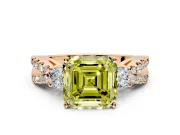 3 Stone Engagement Ring Setting for Fancy Yellow Asscher Cut Center with Pave Split Shank and Prong Head in Rose Gold