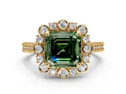 Milgrain Halo Engagement Ring Setting for Fancy Green Asscher Cut Center with Bezel Point Accents and Prong Head in Yellow Gold