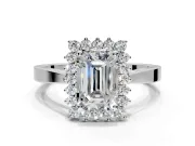 Starburst Halo Engagement Ring Setting for Emerald Cut Center with Flat Cathedral Band and Prong Head in Platinum