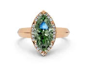 Halo Engagement Ring Setting for Fancy Green Marquise Center with Knife Ridge Cathedral Band and Prong Head in Rose Gold