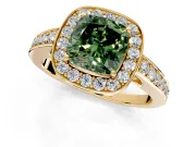 Bezel-Framed Halo Engagement Ring Setting for Fancy Green Cushion Cut Center with Pave Band and Prong Head in Yellow Gold