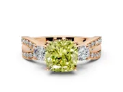 3 Stone Engagement Ring Setting for Fancy Yellow Cushion Cut Center with Pave Twist Band and Prong Head in Rose Gold