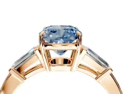 3 Stone Engagement Ring Setting for Fancy Blue Cushion Cut Center with Baguette Accents and Prong Head in Rose Gold