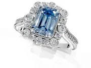 Milgrain Halo Engagement Ring Setting for Fancy Blue Emerald Cut Center with Bezel Point Accents and Prong Head in Platinum