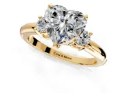 3 Stone Engagement Ring Setting for Heart-Shaped Center with Wide Plain Band and Prong Head in Yellow Gold