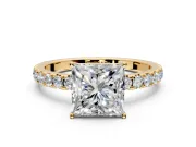 Solitaire Engagement Ring Setting for Princess Cut Center with Large Accent Band and Prong Head in Yellow Gold