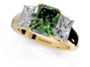 3 Stone Engagement Ring Setting for Fancy Green Radiant Cut Center with Raised Basket Heads and Prong Head in Yellow Gold