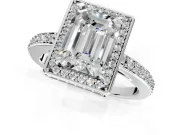 Halo Engagement Ring Setting for Emerald Cut Center with Metal-Rimmed Halo, Pave Band and Prong Head in White Gold