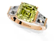 Channel-Set Engagement Ring Setting for Fancy Yellow Asscher Cut Center with Baguette Band and Prong Head in Rose Gold
