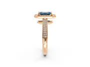 Milgrain Halo Engagement Ring Setting for Fancy Blue Emerald Cut Center with Three-Sided Pave Band and Prong Head in Rose Gold