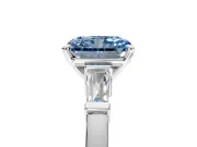 3 Stone Engagement Ring Setting for Fancy Blue Radiant Cut Center with Channel Baguette Accents and Prong Head in Platinum