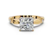 Solitaire Engagement Ring Setting for Princess Cut Center with Carved Leaf Shoulders and Prong Head in Yellow Gold